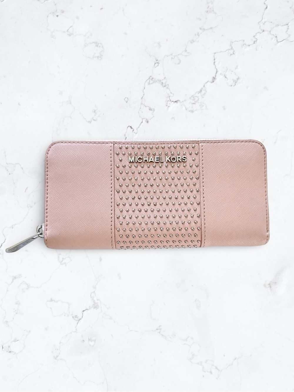 Michael Kors Pink Saffiano Leather Micro Stud Zip Around Continental Wallet